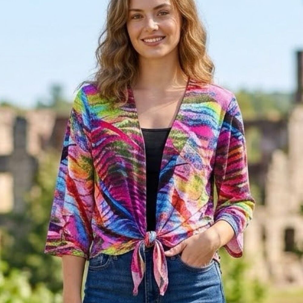 Whispers size M sheer bright tie front cardigan.